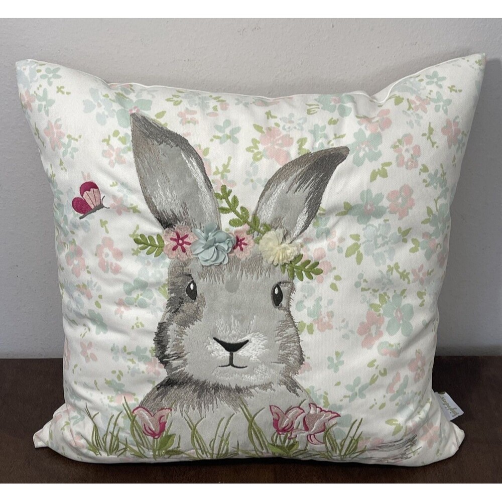 Loving Kindness Bunny Rabbit & Flowers Feather Throw Pillow Easter Decor 20”